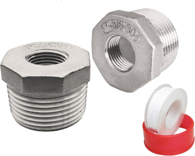 POTONZ 1" Male to 3/8" Female NPT Threaded Reducer Hex Bushing 304 Stainless Steel Reducing Adapter Pipe Fitting With Teflon Plumbers Tape(Pack of 2) - Image 1
